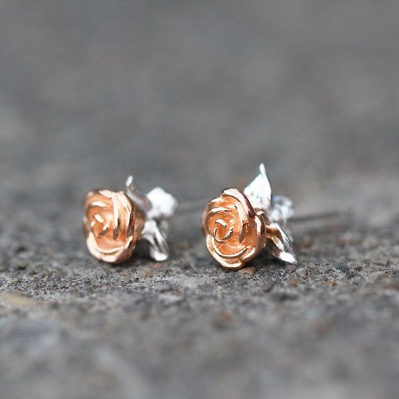 Rose Flower Earrings Rose Gold Flower Earrings Lovers Valentines day gift Her - Picture 3 of 12